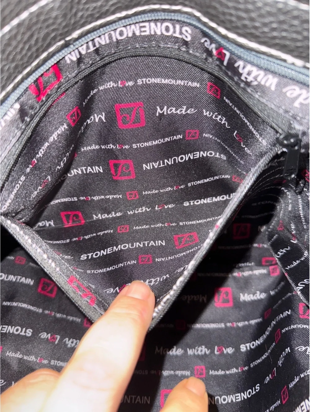 Stone Mountain Black and Gray Leather Tote Bag with White Stripe